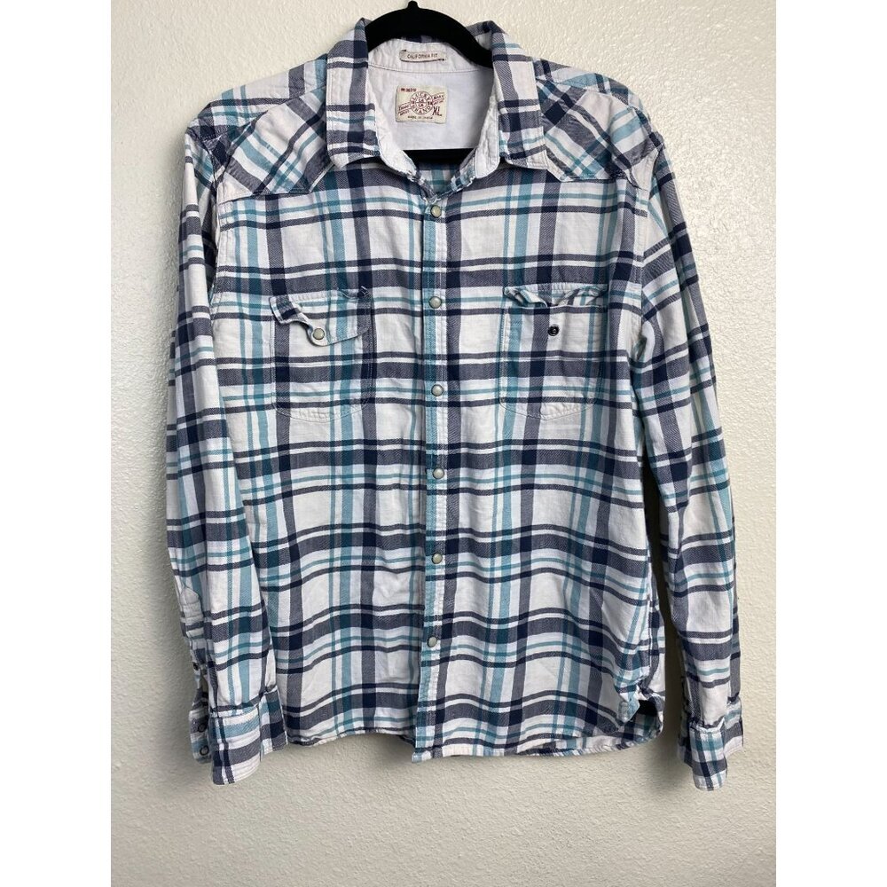 Lucky Brand Plaid Long Sleeve Shirt Men size XL Western Pearl Snap White Blue